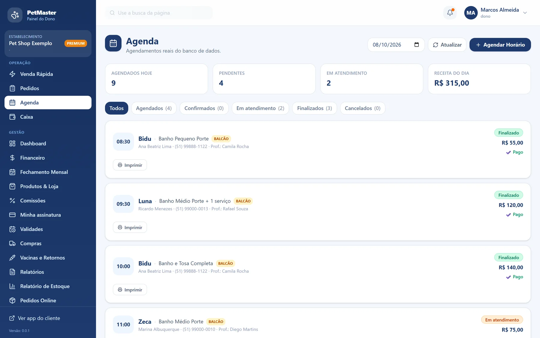 Agenda do PetMaster com os atendimentos do dia